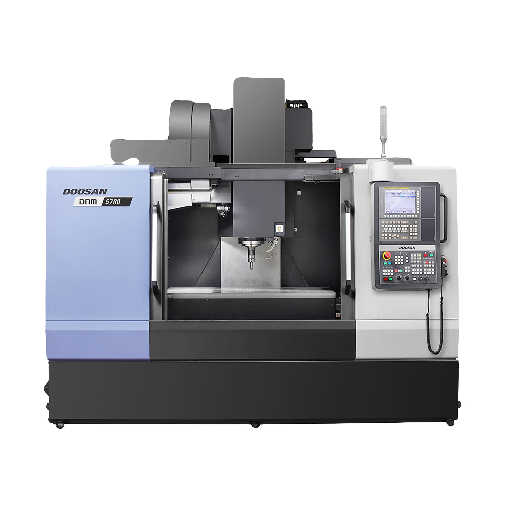 A Doosan DNM 5700 CNC vertical machining center with blue operator panel