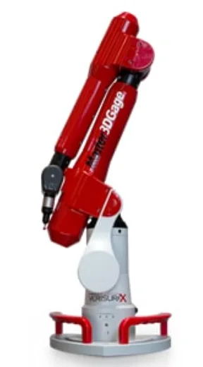 A red Master3DGage portable CMM measuring arm on its round base